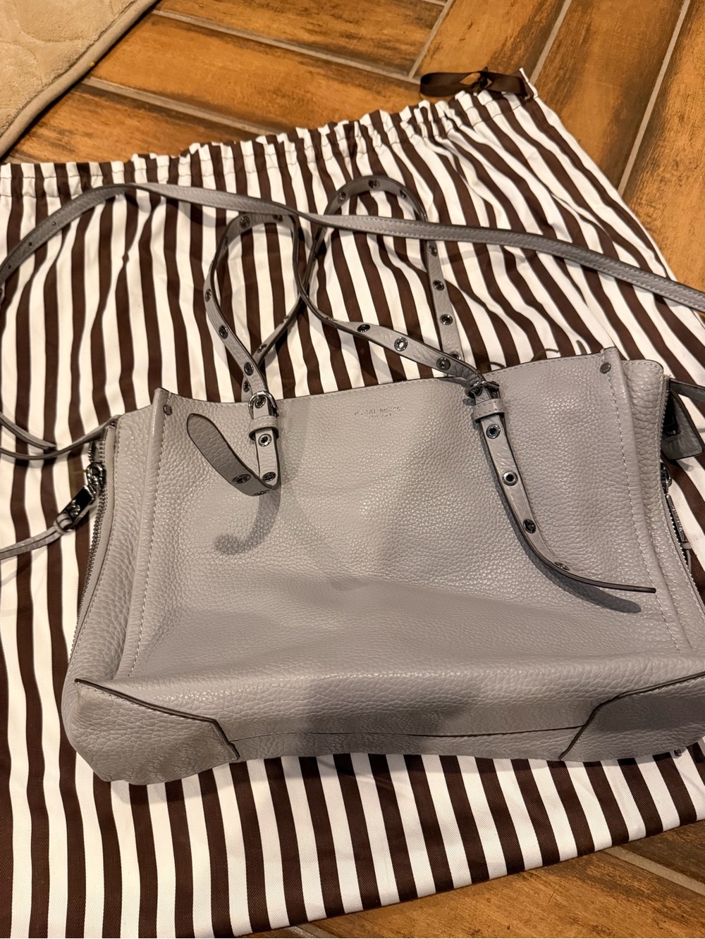 henri bendel Gray Pebbled Leather Shoulder Bag with Dual Straps